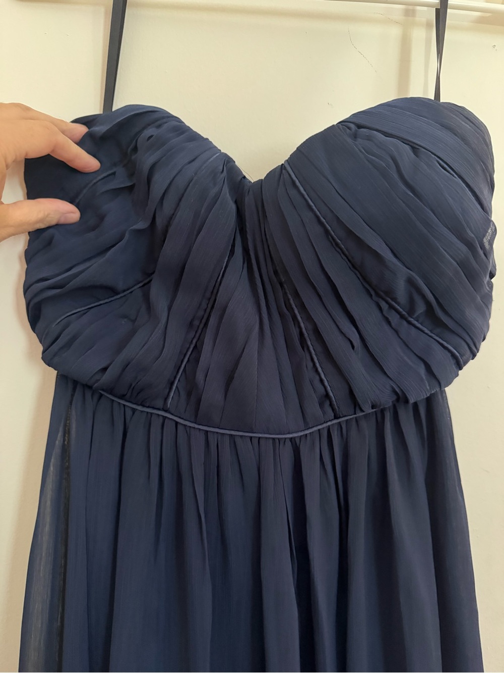 Minuet Petite Strapless Navy Pleated Chiffon Gown